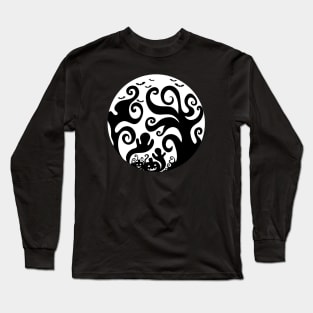 Spooky Trees, Ghosts and Pumpkins Circle on a Black Backdrop, made by EndlessEmporium Long Sleeve T-Shirt